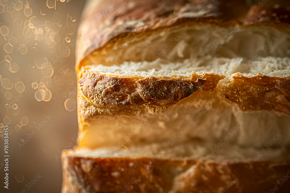 Close-up of sliced bread with a focus on the crust’s golden texture. Close-up of sliced bread with a focus on the crust’s golden texture.
