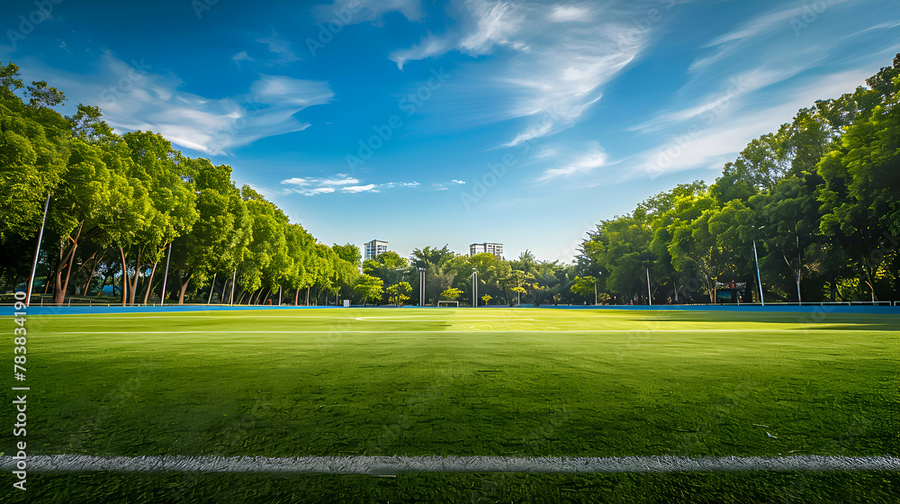 A green football pitch framed by tall trees under a blue sky. - obrazy, fototapety, plakaty 