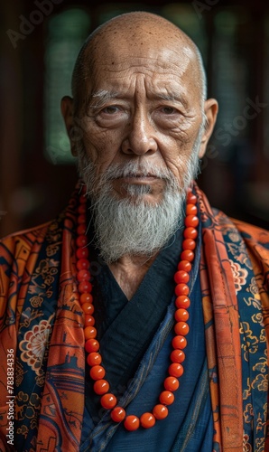 Buddhist Shaolin monk prays in national cultural clothes, stands in front of the monastery, religion Buddhism, meditation of a believing monk, Learn Zen and cleanse the aura, open the chakras