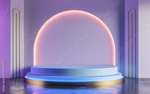 3D rendering sci-fi technology minimalist blue and gold stage podium with purple light.