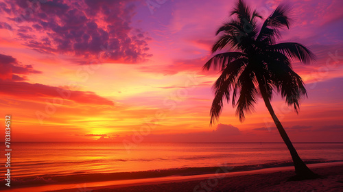 a stunning beach with a palm tree on a tropical island during sunset, the sky painted with shades of orange, pink, and purple. The palm tree is silhouetted against the vibrant sky, Generative AI