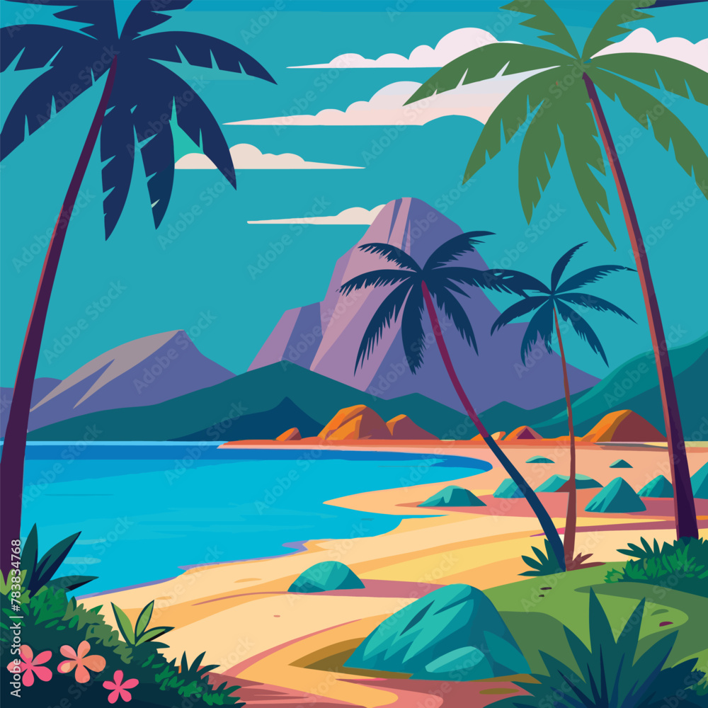 Vibrant vector illustration of a serene tropical beach with palm trees and mountains