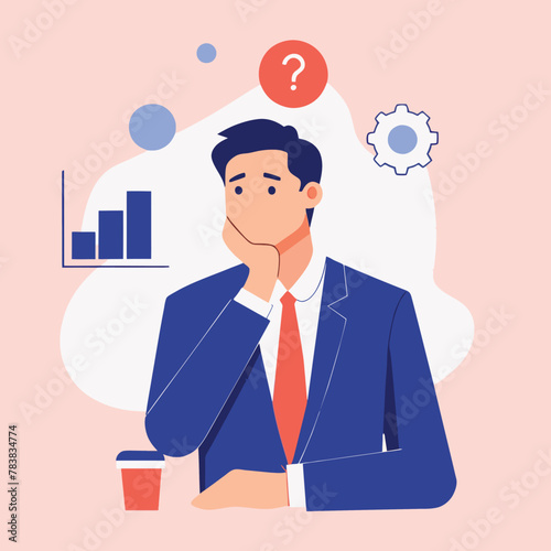 Vector illustration of a contemplative businessman with idea bulb and gears, representing strategic thinking