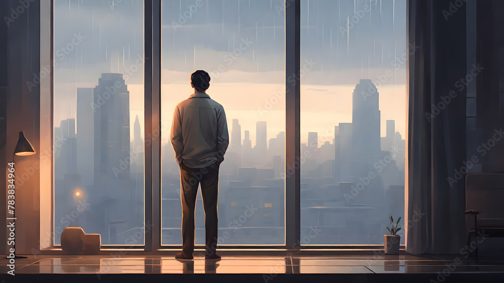 A man stands alone in a high-rise room, his hands in his pockets, gazing at the bustling cityscape through a large window on a rainy evening. A man stands alone in a high-rise room, his hands in his pockets, gazing at the bustling cityscape through a large window on a rainy evening.