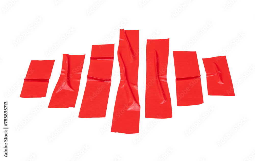 Top view set of wrinkled red adhesive vinyl tape or cloth tape in stripes isolated on white background with clipping path Top view set of wrinkled red adhesive vinyl tape or cloth tape in stripes isolated on white background with clipping path
