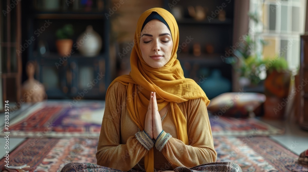Φωτογραφία A woman from the Middle East wearing hijab practices yoga in her living room
