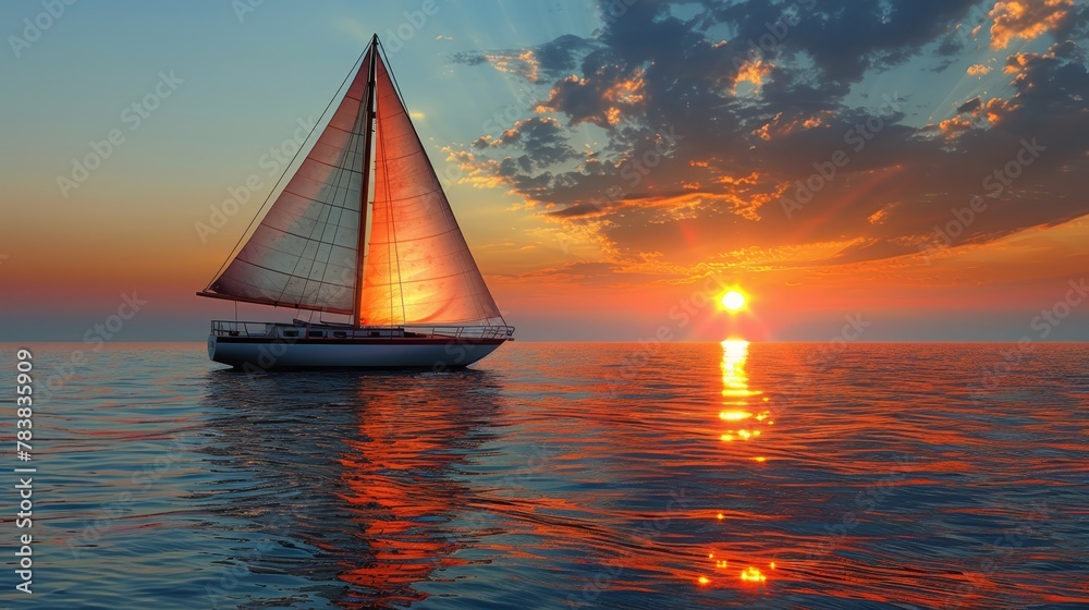   A sailboat in the midst of a vast waterbody, sun setting in the distant horizon behind it