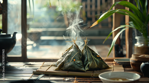 Steaming zongzi wrapped in bamboo leaves on a table. photo