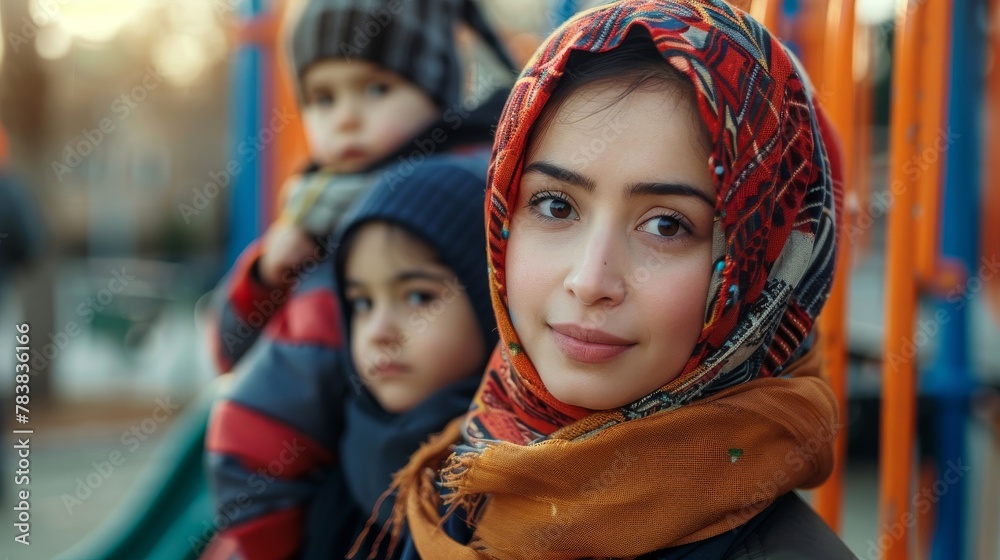 Φωτογραφία A woman of Middle Eastern descent wearing hijab takes her children to the playgr