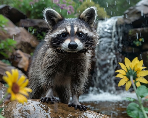 an image of a raccoon with raindrops all over its body The front legs are positioned on the Fantache body flowers one side of the stream surreal uhd rear view