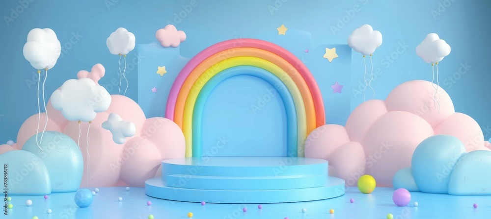 Rainbow with clouds on the podium 3d render. Illustration of a holiday, weather, children's mock-up Rainbow with clouds on the podium 3d render. Illustration of a holiday, weather, children's mock-up