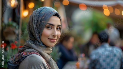 A Middle Eastern woman in hijab chats with friends at a neighborhood gathering photo