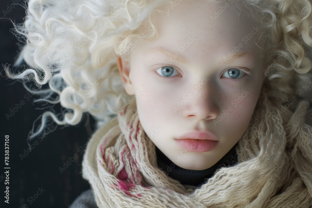 Innocent Gaze - Young Albino Girl with Curly Hair and Scarf