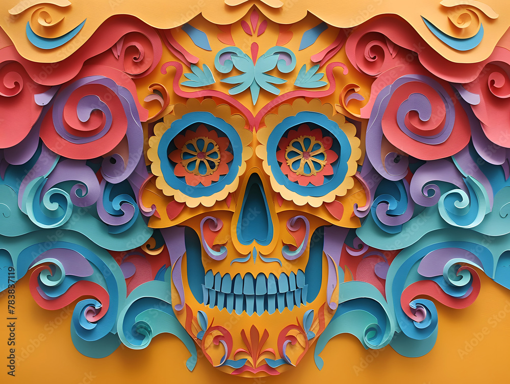 A colorful skull is painted with flowers and is on an clean background.