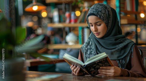 A Middle Eastern woman wearing hijab reads a book at a local caf√© photo