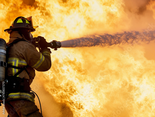 Firefighter in Action Against Blazing Fire