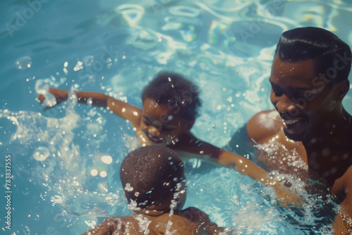 Father Teaching Kids to Swim in Sunlit Pool, Family Bonding Time © KirKam