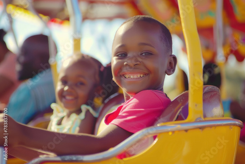 Joyful Children Riding Carousel at an Amusement Park