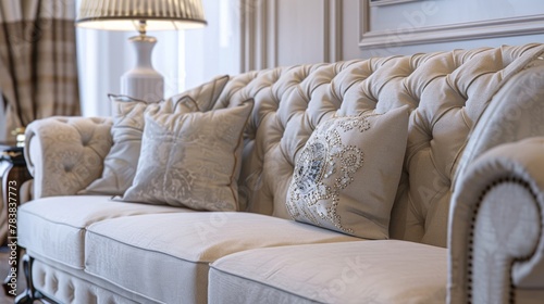A close-up of a classic sofa in a living room, highlighting its elegant design and comfortable upholstery