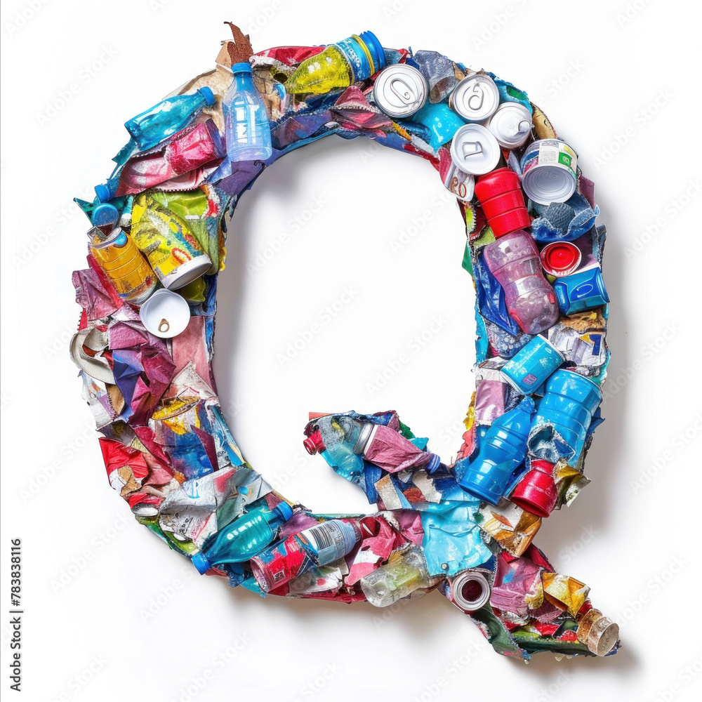 Alphabet Letter Q Constructed From Mixed Recyclable Materials on a Clean Background
