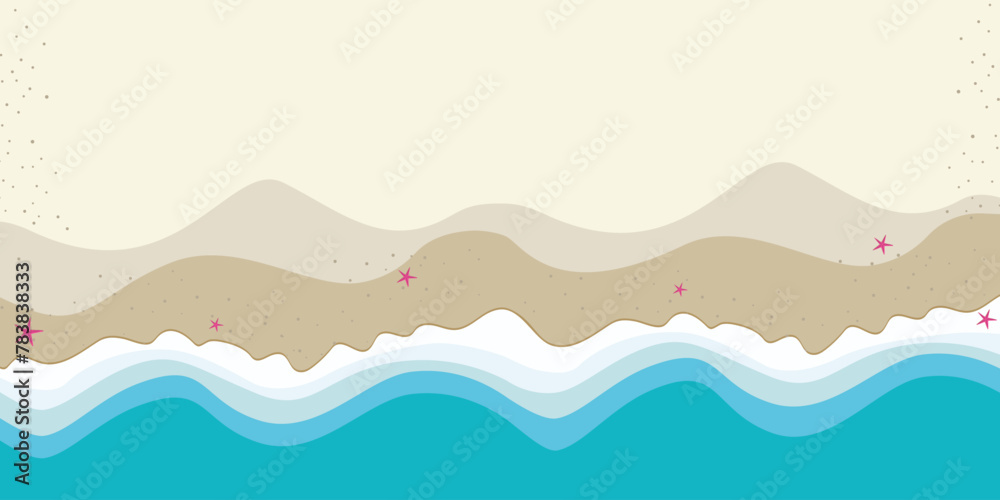 Top view on sea beach. Top view on ocean beach with soft waves. Summer sale banner vector illustration, Top view of summer beach
