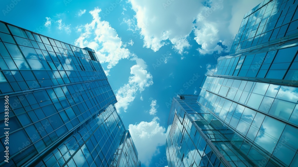 Glass buildings window with cloudy blue sky background.