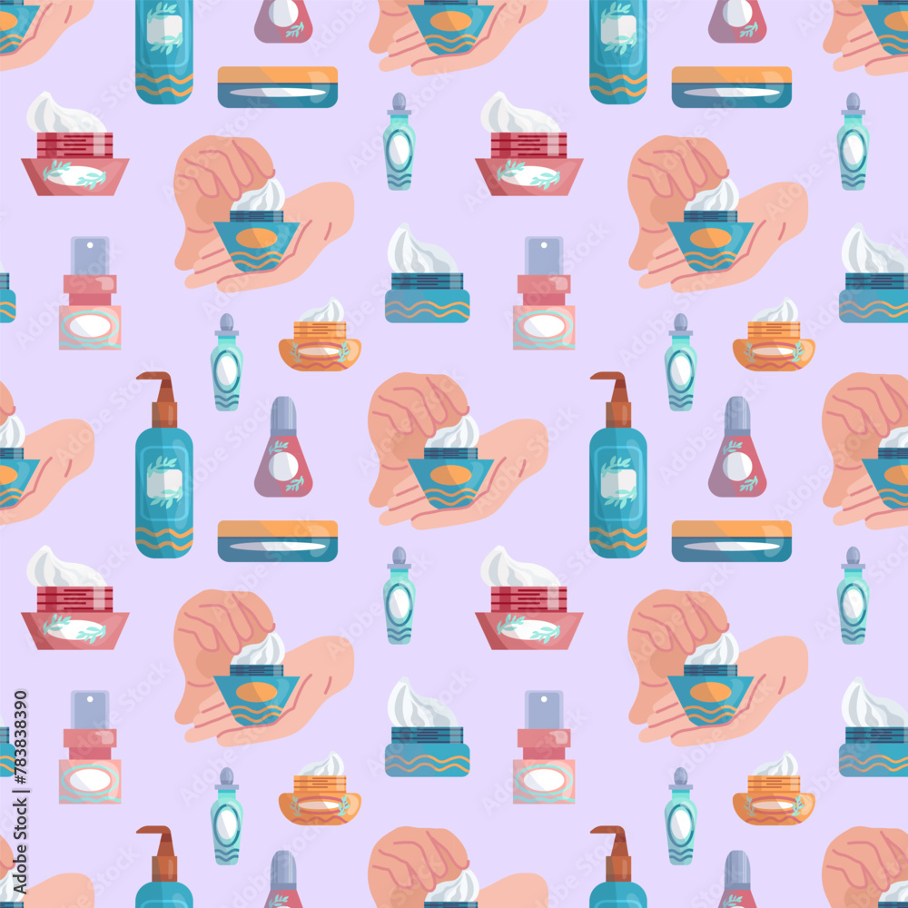 seamless pattern with different versions of cream jars and hands applying cream, for the design and decoration of packaging and postcards of a cosmetics store, spa salon seamless pattern with different versions of cream jars and hands applying cream, for the design and decoration of packaging and postcards of a cosmetics store, spa salon