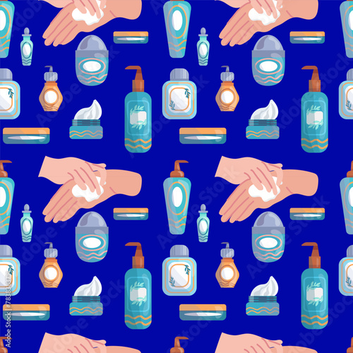 seamless pattern with different versions of cream jars and hands applying cream on a bright blue background, for the design and decoration of packaging and postcards of a cosmetics store, spa salon