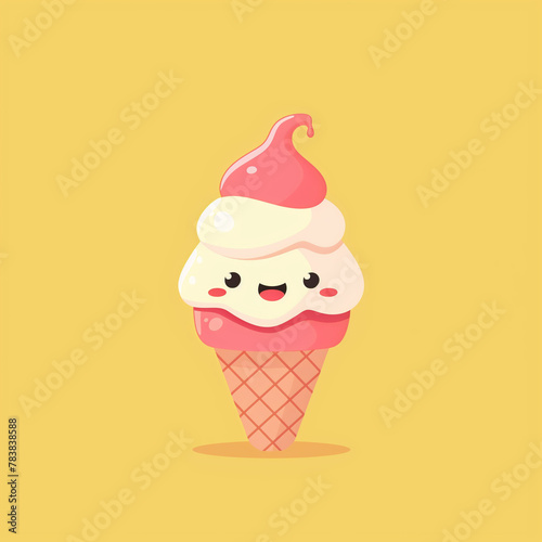 A cheerful vector illustration of a cute ice cream cone with a kawaii face and sprinkles, set against a soft yellow background with festive confetti accents.
