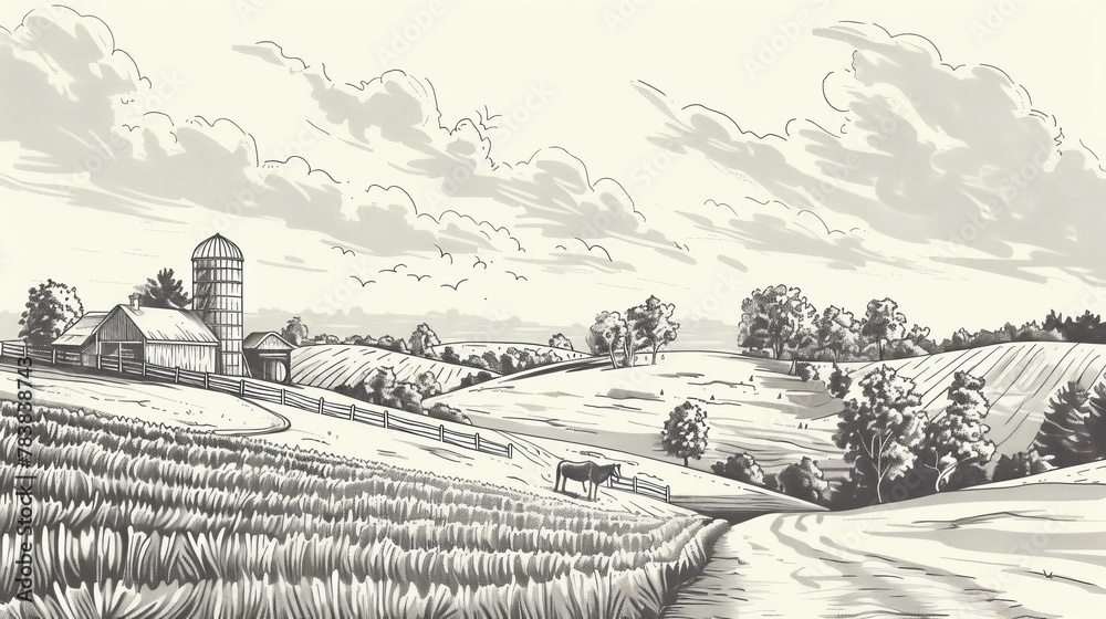 A panoramic rural landscape featuring a quaint farm