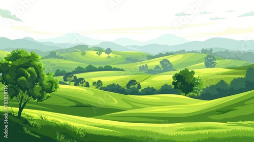 A simplistic vector background of rural hills with lush pasture grass for cows