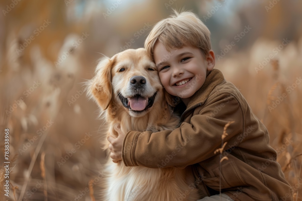 Happy boy with a dog in the park