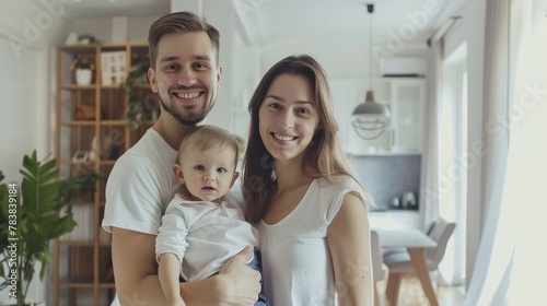 Portrait of young couple with baby boy in home.