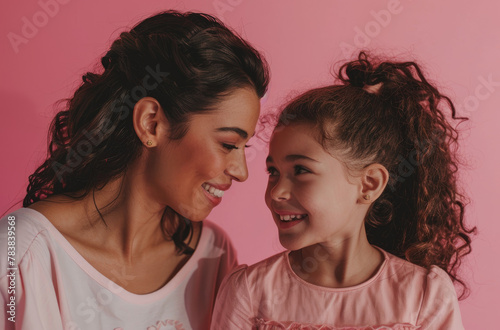 photo of happy mother and daughter, isolated on pastel pink background, studio shot, soft light