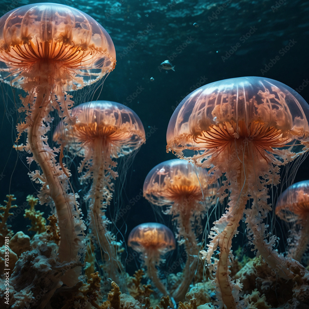 Mesmerizing Group of Bioluminescent Jellyfish in a Marine Aquarium Mesmerizing Group of Bioluminescent Jellyfish in a Marine Aquarium