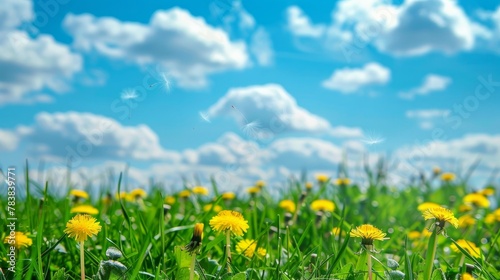 An inviting meadow adorned with fresh green grass and vibrant yellow dandelion flowers