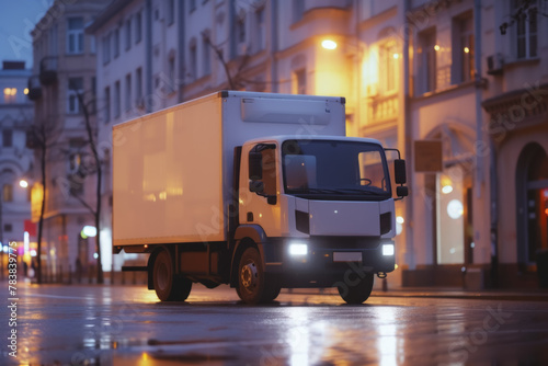 Delivery Truck on a Wet City Street at Night, Urban Freight Transport Scene