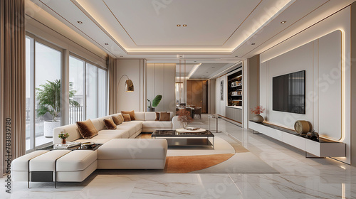 Modern luxury living room, Modern interior living room design, 3d rendering of modern living room with white sofa, Panoramic grey living room, Colourful living room interior © Nuwan Buddhika