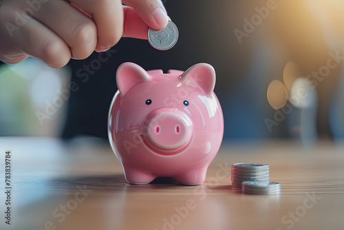 Male hand putting coin into a piggy bank photo