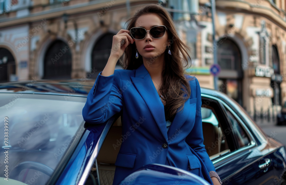 Stylish woman in a blue suit and sunglasses walking next to a luxury car on a city street, with a confident expression