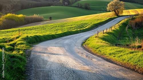 A picturesque scene of a country road winding through lush green farmland