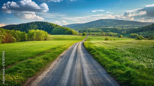 A picturesque scene of a country road winding through lush green farmland © Chingiz
