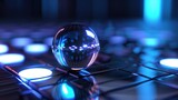 A 3D artistic rendering of a glowing blue glass cube and circle
