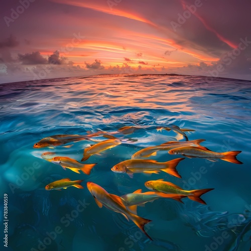 a fish swimming in the ocean with a sunset in the background