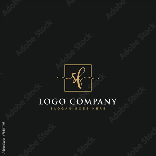Initials signature letters SF linked inside minimalist luxurious square line box vector logo gold color designs for brand, identity, invitations, hotel, boutique, jewelry, photography or company signs