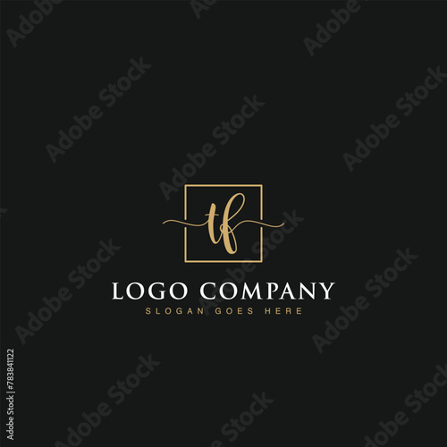 Initials signature letters TF linked inside minimalist luxurious square line box vector logo gold color designs for brand, identity, invitations, hotel, boutique, jewelry, photography or company signs