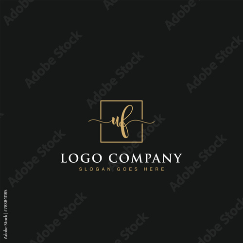Initials signature letters UF linked inside minimalist luxurious square line box vector logo gold color designs for brand, identity, invitations, hotel, boutique, jewelry, photography or company signs