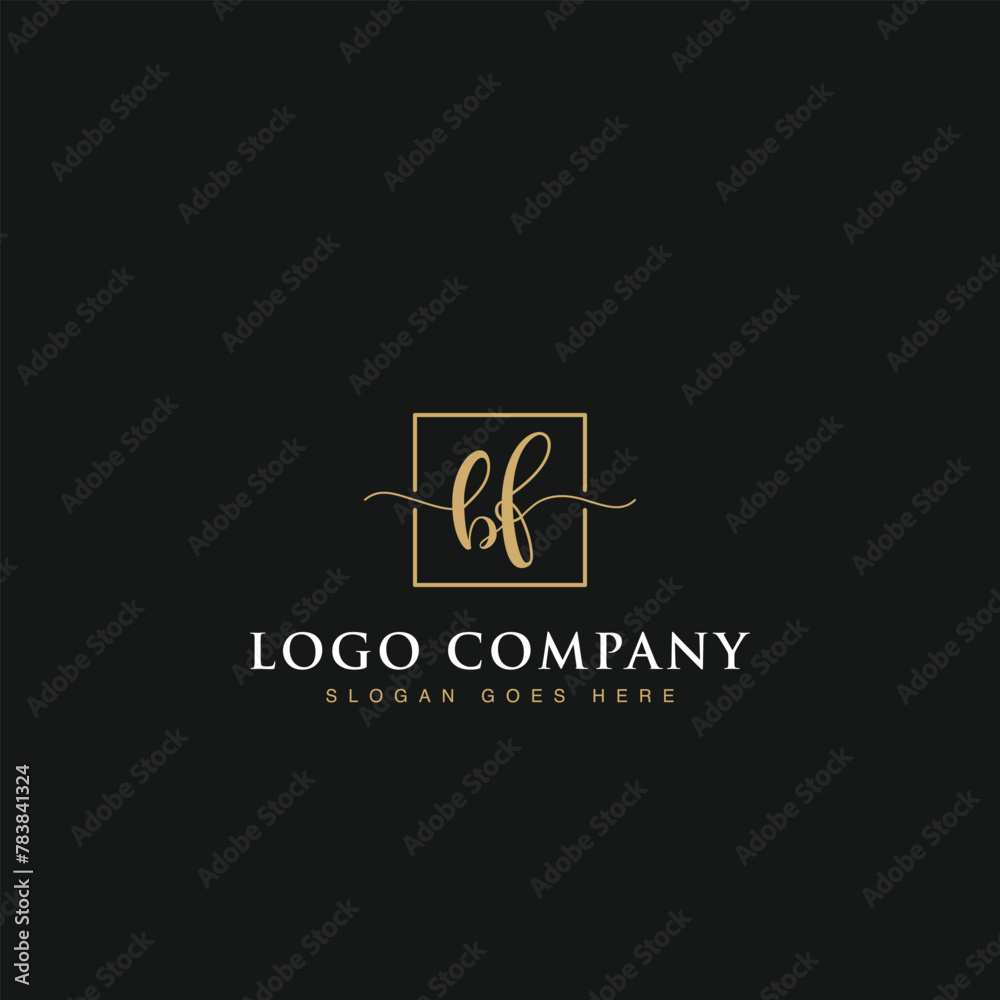 Initials signature letters BF linked inside minimalist luxurious square line box vector logo gold color designs for brand, identity, invitations, hotel, boutique, jewelry, photography or company signs Initials signature letters BF linked inside minimalist luxurious square line box vector logo gold color designs for brand, identity, invitations, hotel, boutique, jewelry, photography or company signs