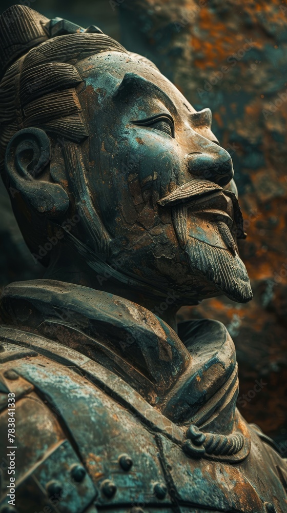 A close up of a weatheredBing Ma Yong  statue with a goatee
