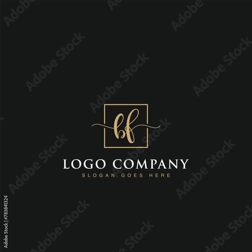 Initials signature letters BF linked inside minimalist luxurious square line box vector logo gold color designs for brand, identity, invitations, hotel, boutique, jewelry, photography or company signs